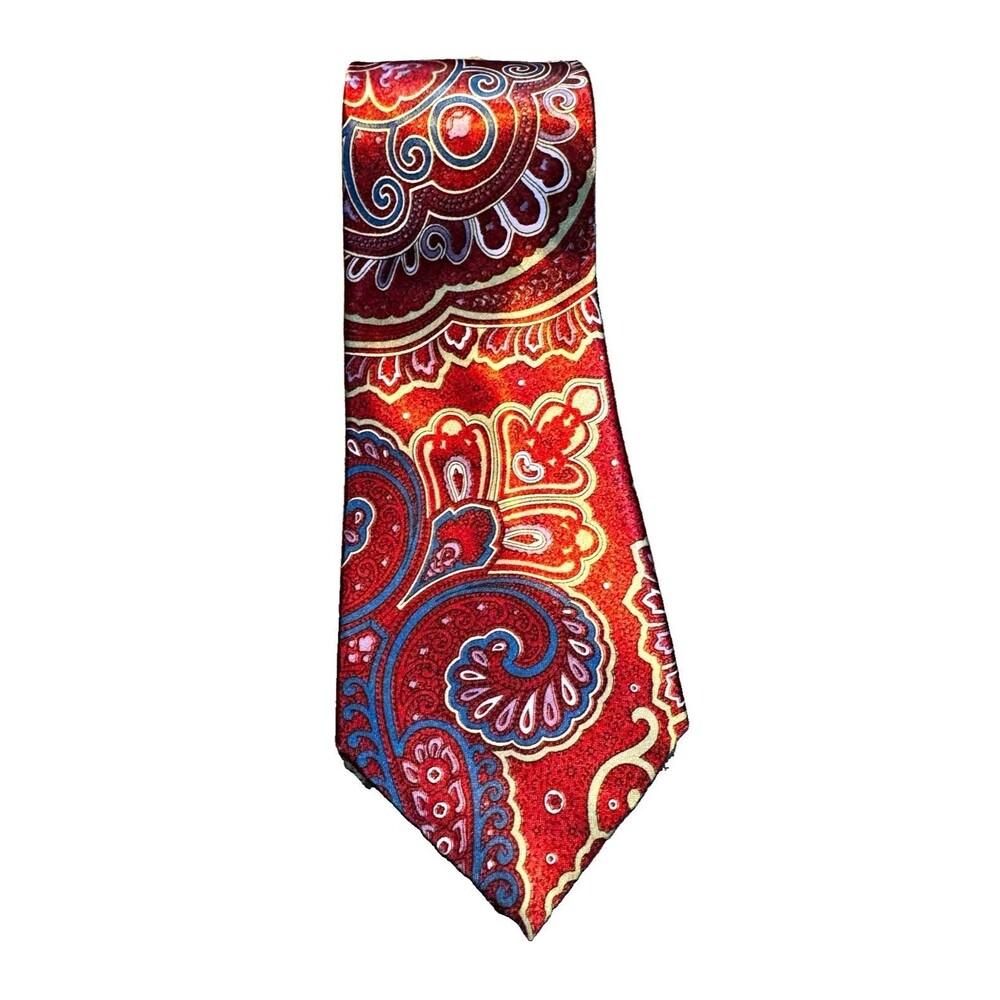 Vintage Mens Paisley Tie Red Blue Beige Polyester Pointed One Size Made in USA